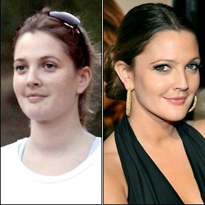 Left: Drew Barrymore as Drew Barrymore – Regular Girl. Right: Drew Barrymore as ‘Drew Barrymore’ – Movie Star